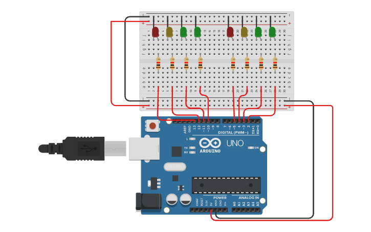 Circuit design semáforo parpadeante | Tinkercad