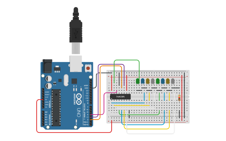 Circuit design 74HC595 - Tinkercad