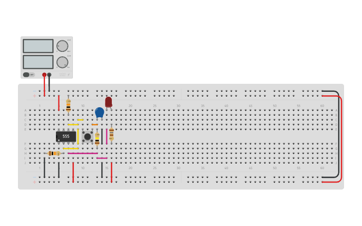 Circuit design 555 ON OFF button - Tinkercad