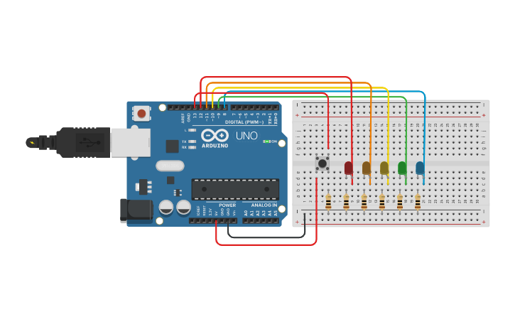 Circuit design Поочередное зажигание 5-и светодиодов по нажатию кнопки ...