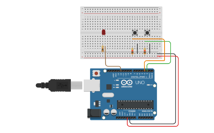 Circuit design 2 Push Button 1 Led - Tinkercad