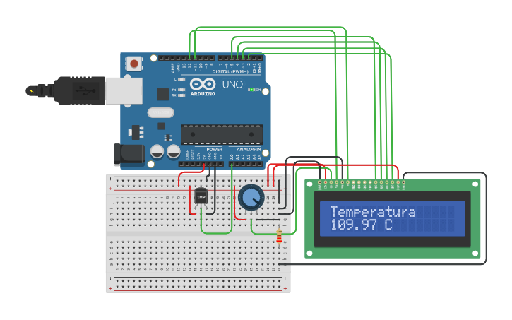 Circuit design Practica analogRead y LCD 16x2 - Tinkercad