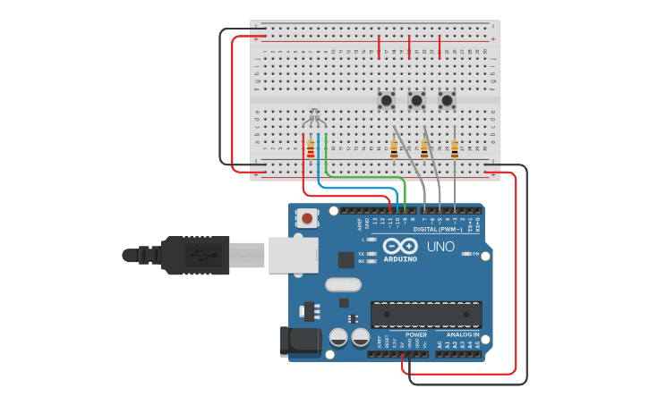Circuit design LED RGB COM 3 BOTÕES DE ATIVAÇÃO - Tinkercad