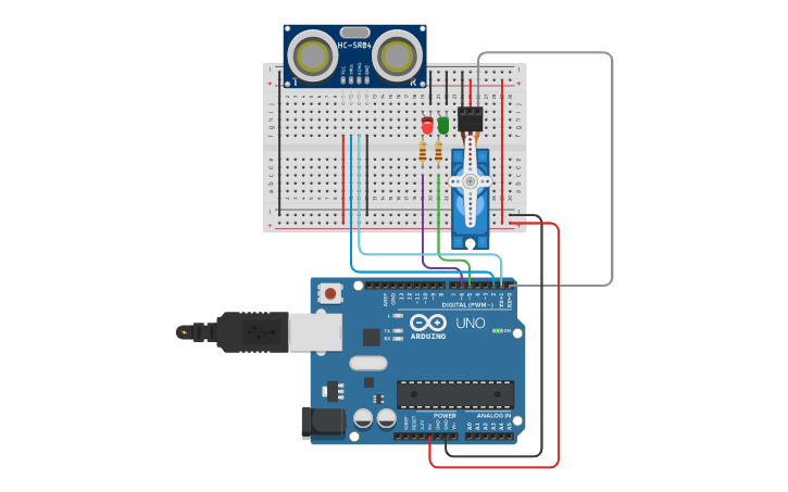 Circuit design 超音波感測控制伺服馬達 | Tinkercad
