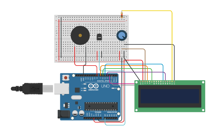 Circuit design Temperature Sensor With LCD and Buzzer - Tinkercad