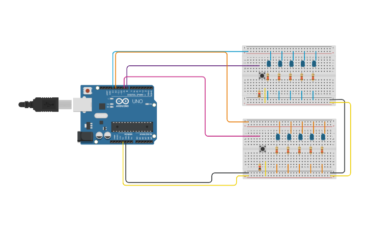 Circuit design 2 botones 2 filas de leds | Tinkercad