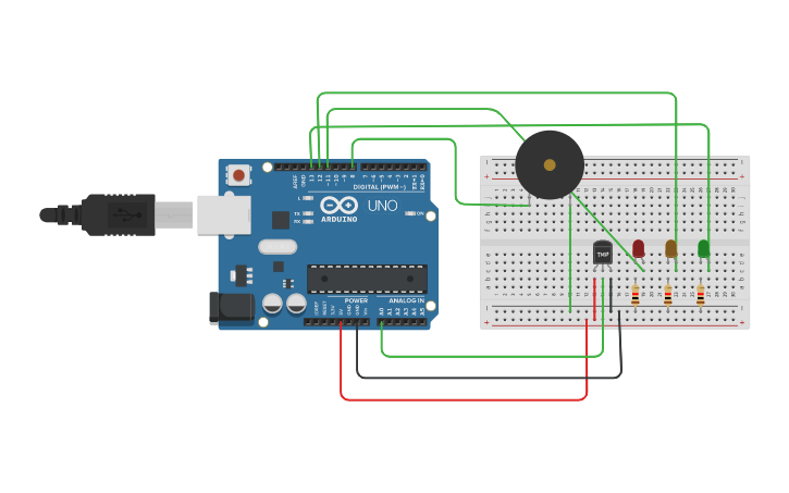 Circuit design TEMP SENSOR WITH LED'S AND BUZZER - Tinkercad