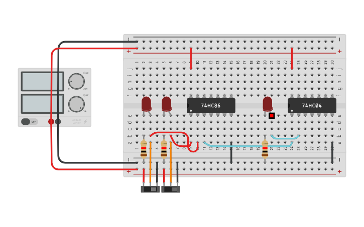 Circuit design XOR (7486) - XNOR(74266) - NOT(7404) | Tinkercad