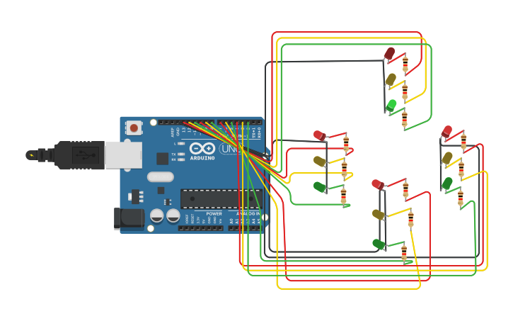Circuit design 4 way traffic light system - Tinkercad