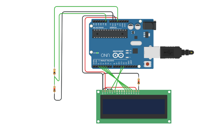 Circuit design Arduino Ohm meter 16x2 LCD - Tinkercad