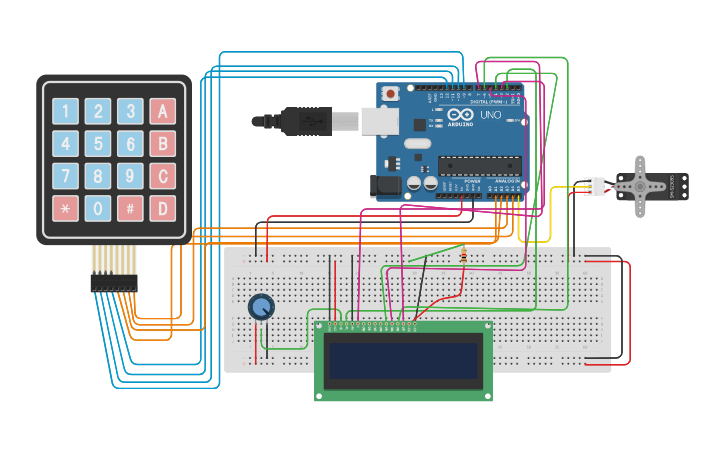 Circuit design Caja Fuerte Pantalla LCD Y TECLADO 4X4 - Tinkercad