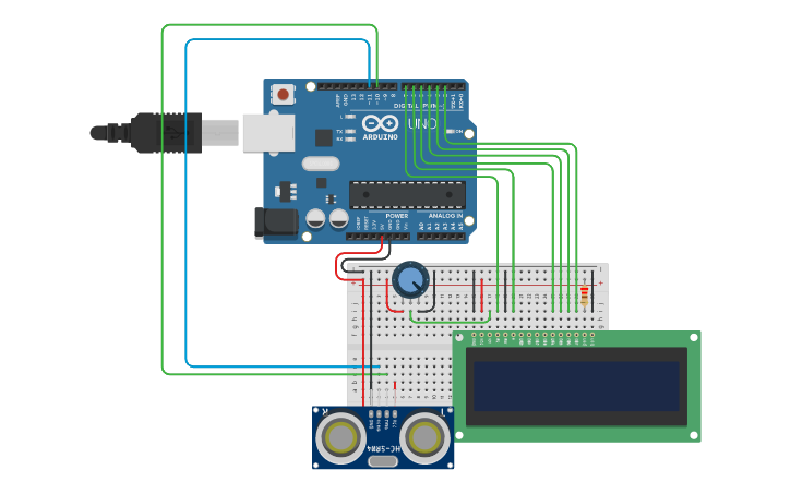 Circuit design Ejer 3: SENSOR ULTRASONIDO CON DISPLAY - Tinkercad