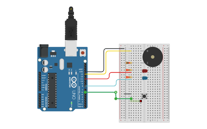 Circuit design Push Button+Buzzer - Tinkercad