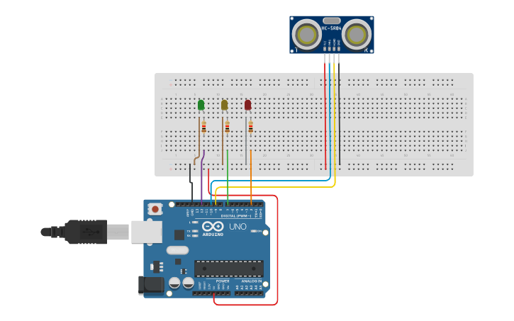 Circuit design Matías Sensor ultrasónico con LEDs - Tinkercad