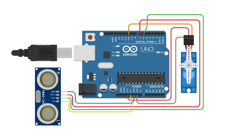 Circuit design Ultrasonic Sensor with Servo Motor - Tinkercad