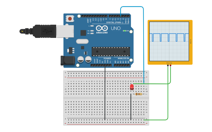 Circuit design PWM LED and Oscilloscope - Tinkercad