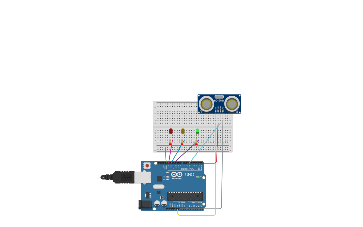 Circuit design Practica 6 b: Sensor de ultrasonidos con 3 leds | Tinkercad