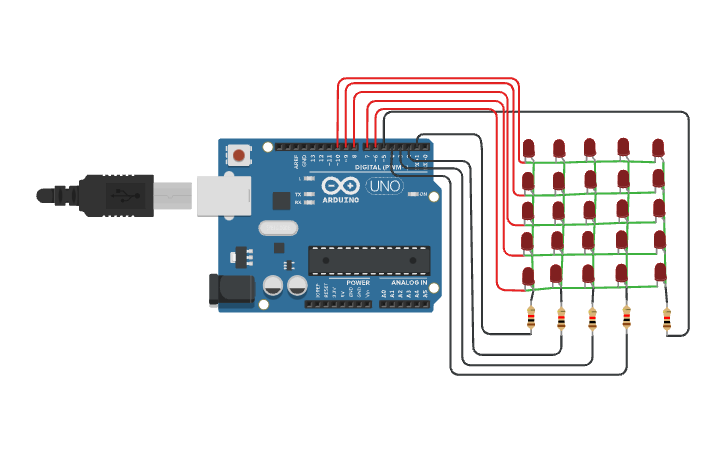 Programming 5x5 Led Matrix Circuit design 5*5 led matrix - Tinkercad