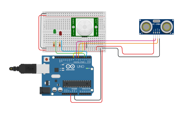 Circuit design PIR Motion and Distance Sensor With Arduino - Tinkercad