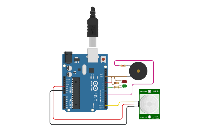 Circuit design Motion Senser + LED | Tinkercad