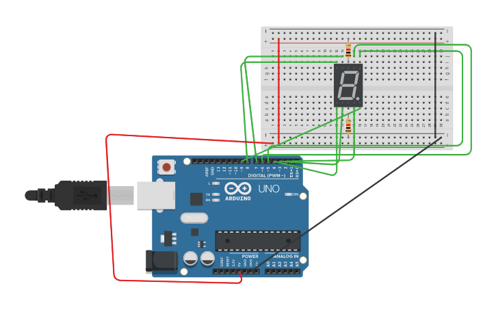 Circuit design 7 Segment LED - Tinkercad