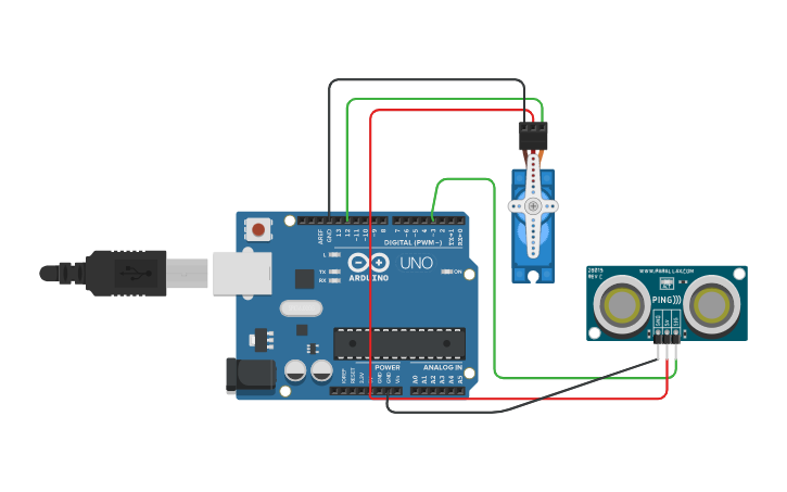 Circuit design servo ultrasonic - Tinkercad