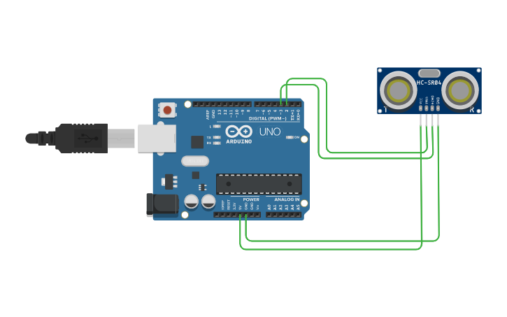 Circuit design HC-SR04 - Tinkercad