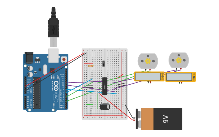 Circuit design drive 2 motors back-and forward, left and right - Tinkercad