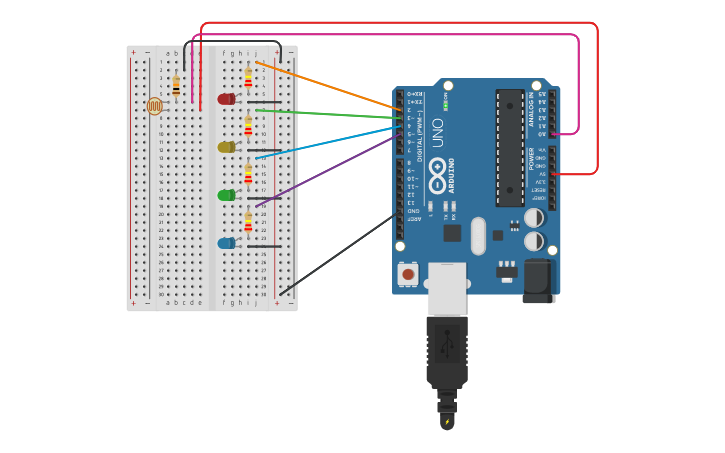 Circuit design 5 Leds With LDR/Photoresistor - Tinkercad