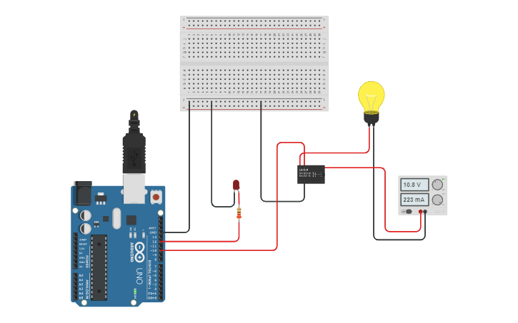 Circuit design Acionamento de led e relé pelo arduíno - Tinkercad