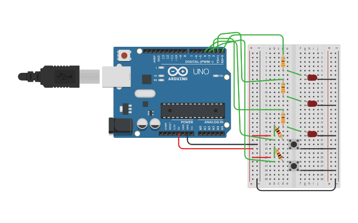 Circuit design button change the led light by clicks | Tinkercad