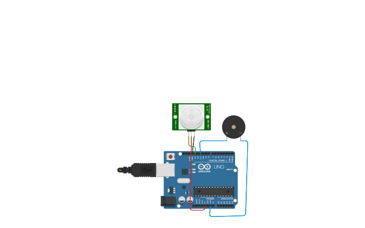 Circuit design PIR body or object dictator, security sensor - Tinkercad
