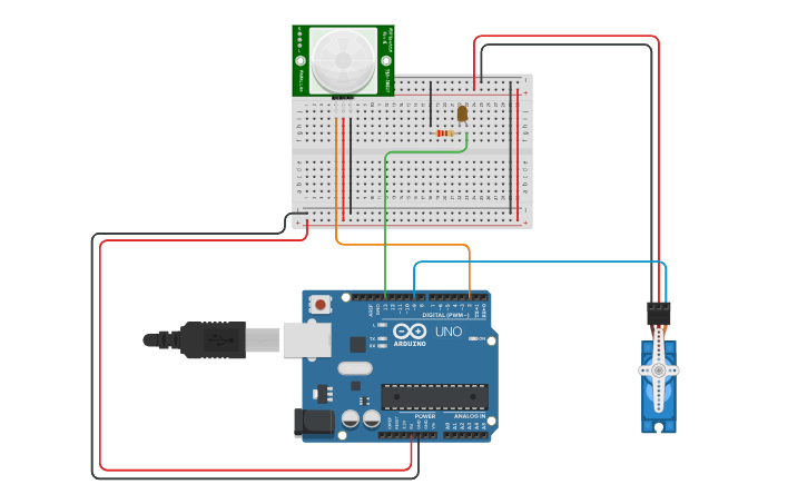 Circuit design PIR sensor with Servo motor - Tinkercad