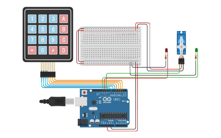 Circuit design Lock with Servo,LEDs,Arduino,Keypad | Tinkercad