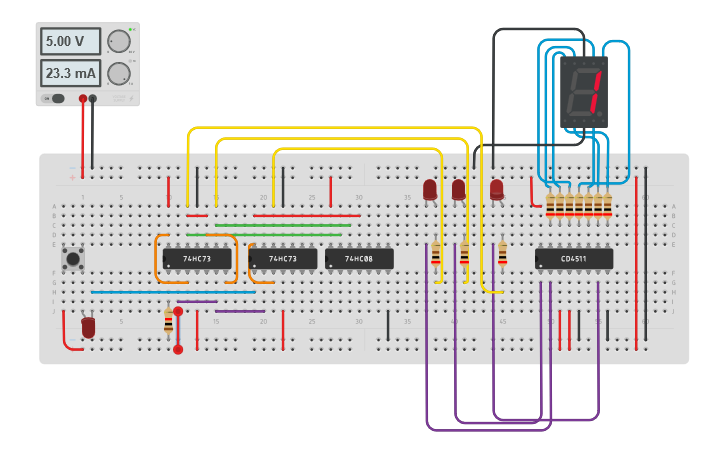 Circuit design contatore sincrono 3 bit | Tinkercad