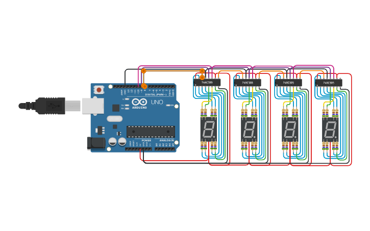 Circuit design Copy of 7 Segment Display + 74HC595 + Arduino - Tinkercad