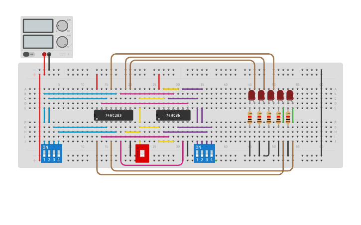 Circuit design 4 bit adder subtractor - Tinkercad