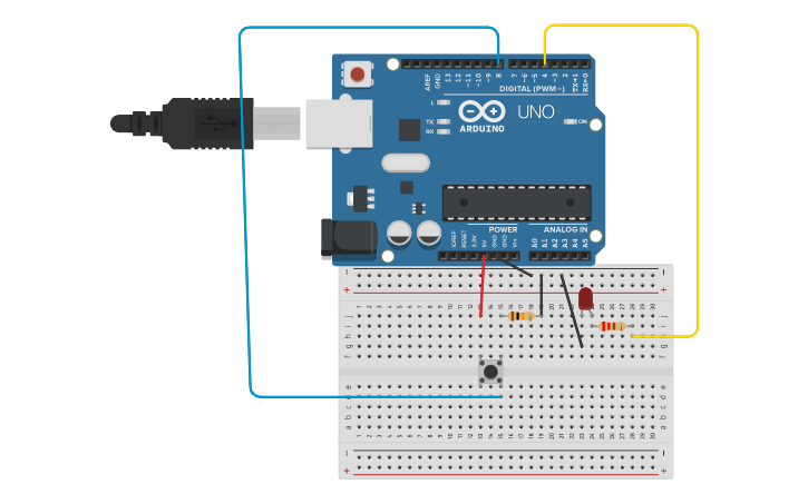Circuit design Práctica 4 Encender un led con un pulsador - Tinkercad