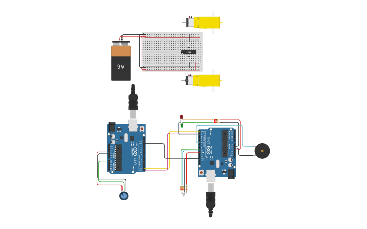 Circuit design Dial between two Arduino - Tinkercad