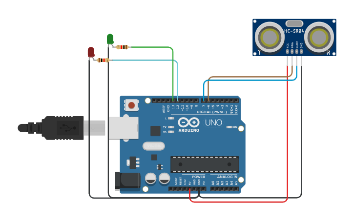 Circuit design ultrasonic sensor + LED - Tinkercad