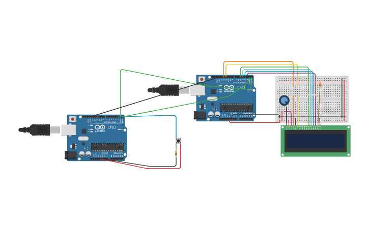 Circuit design Two arduinos with button and lcd - Tinkercad