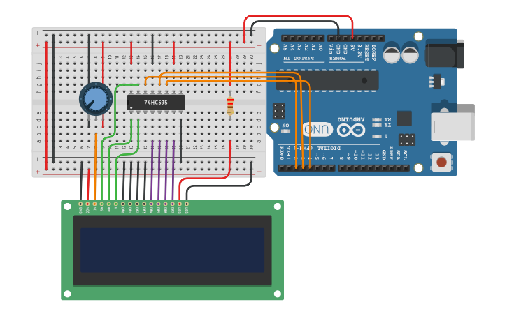 Circuit design Arduino - LCD Blink (shift register) - Tinkercad