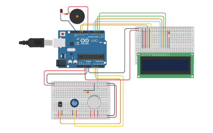 Circuit design IOT mini project (fire and gas detection system) | Tinkercad