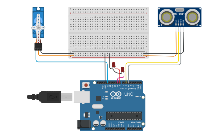 Circuit design Práctica 3. Ultrasonido, servo y leds - Tinkercad