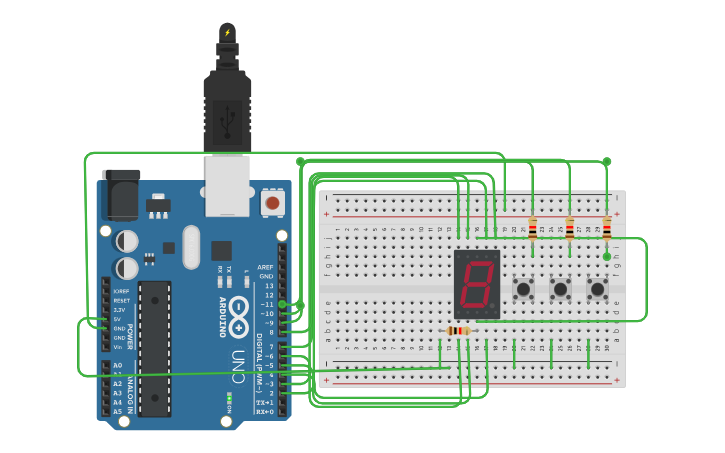 Circuit design 7 Segment 1 Push Botton - Tinkercad