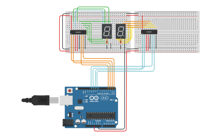 Circuit design two 7 segment display - Tinkercad