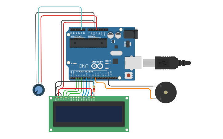 Circuit design Arduino Car Game 16x2 LCD - Tinkercad