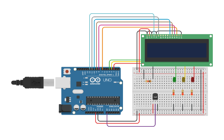 Circuit design RETO 3: SENSOR DE TEMPERATURA CON PANTALLA LCD y LEDs ...