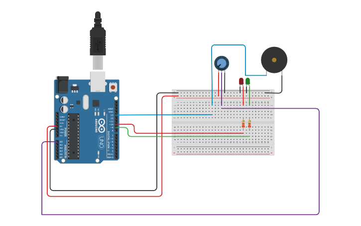 Circuit design LED i brunzidor - Tinkercad