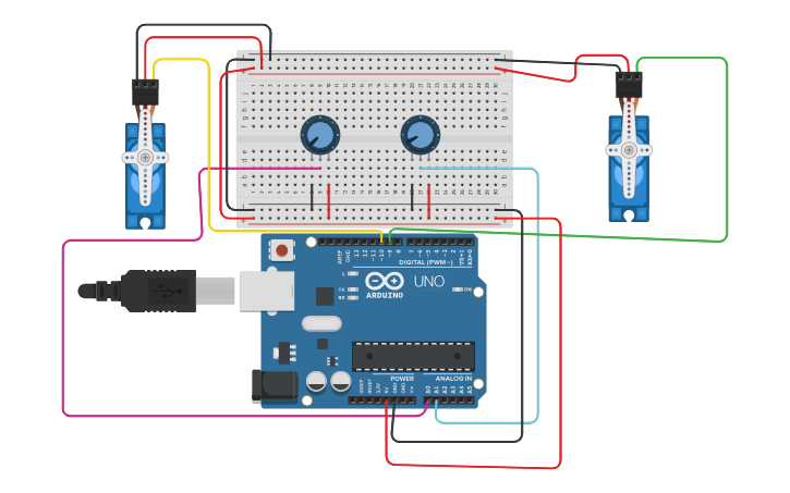 Circuit design circuito con servomotores y potenciometros - Tinkercad